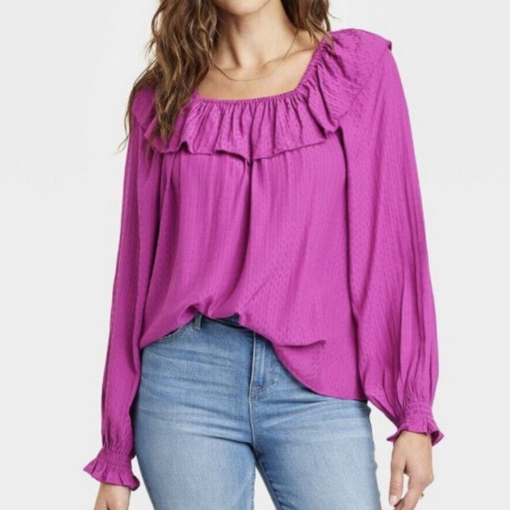 Knox Rose Women Medium Purple Balloon Long-Sleeve Ruffle Feminine Top‎